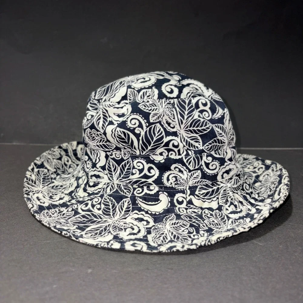 Navy Blue White Paisley Floral Cotton Bucket Hat Wide Brim Sun Hat RN 17730